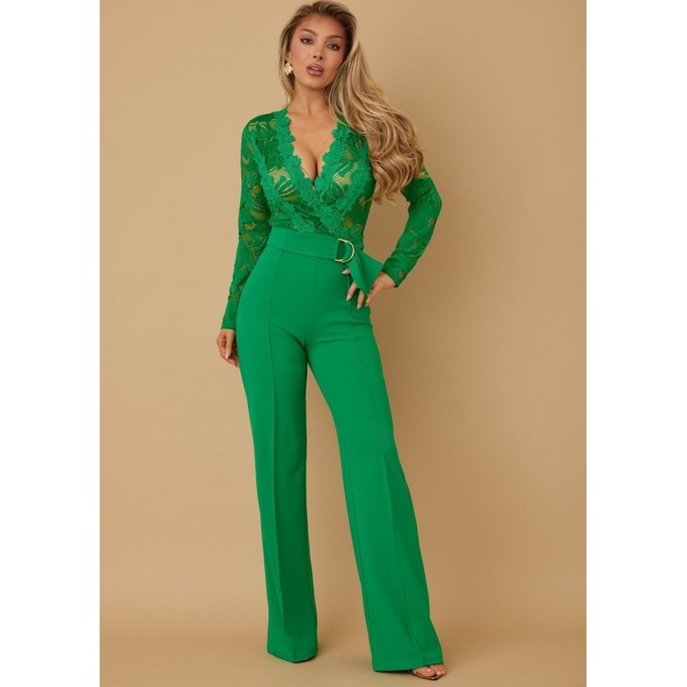 Lace Long Sleeve Wide Leg Jumpsuit Belted V-Neck Green